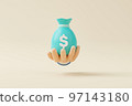 Hand holding money bag with icon dollar currency on background 97143180