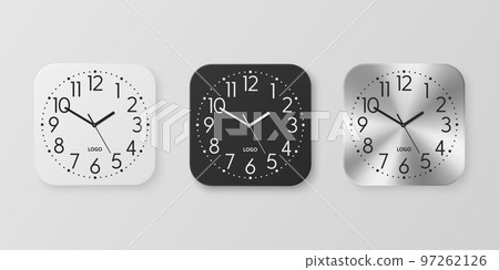 Vector 3d Realistic White, Black, Silver Square Wall Office Clock Icon Set, Design Template Isolated. Dial, Mock-up of Wall Clock for Branding and Advertise Isolated. Clock Face Design 97262126