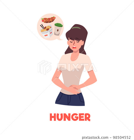 Woman presses hands to stomach because of feeling of hunger flat vector isolated. 98504552