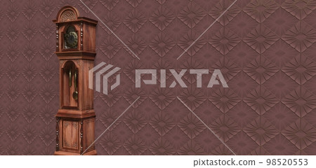 Vintage wooden clock on the wall with wallpaper. 3D illustration 98520553