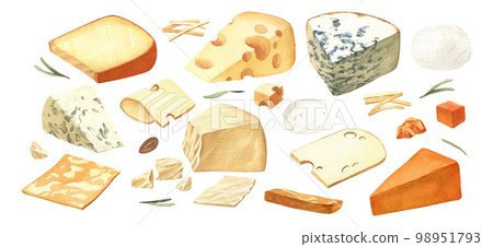 Watercolor different kinds cheeses with cutted pieces, milk dairy product. Delicious food hand-drawn illustration isolated on white background. Perfect for menu, recipe, label, packaging design. 98951793