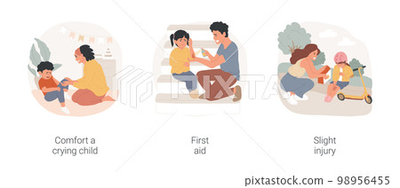 Child injury treatment isolated cartoon vector illustration set. Parent comfort crying child, home first aid, puts bandage, treating childs wound, slight injury, patch on elbow vector cartoon. 98956455