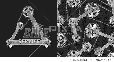 Set of pattern, logo with silver steel gears, bike chains. Steampunk style. For repair bike service companies 98048732