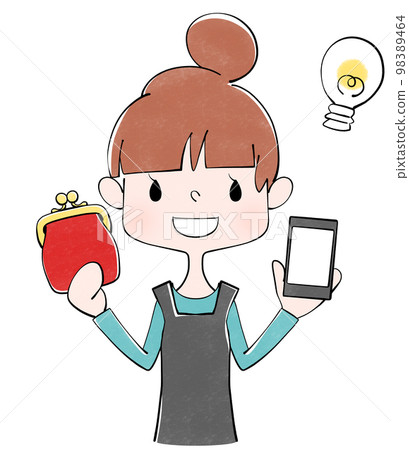 Illustration of a housewife with a red purse and a smartphone 98389464