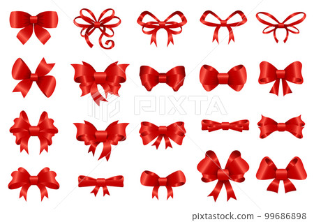 Red bows set graphic elements in flat design. Bundle of different types of decorative silk or satin bows for gifts, wrapping invitation and decorating presents. Vector illustration isolated objects 99686898