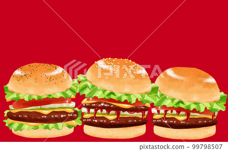 Hamburger 3 types Red background Illustration material Illustration material There is a difference 99798507