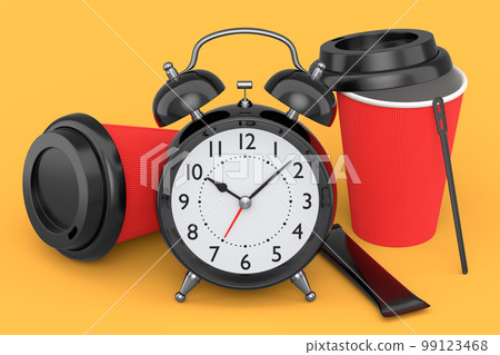 Vintage alarm clock with paper coffee cup on yellow background. 99123468