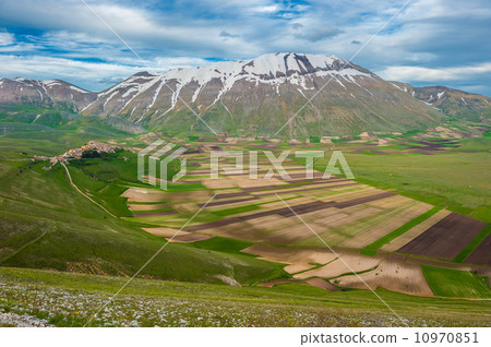 Piano Grande scenic fields and Sibillini mountains in Umbria, It 10970851