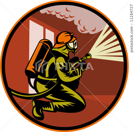 Fireman firefighter kneeling with fire hose 11284727