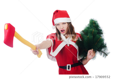 Young woman in red santa costume on white 17909552