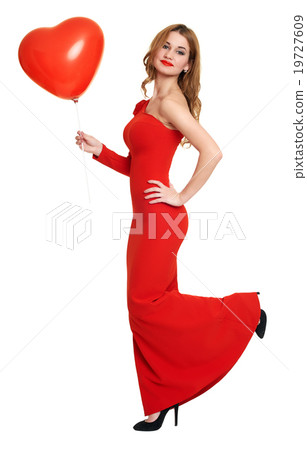 red dressed woman with heart shape balloon on white 19727609