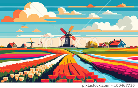 Vector illustration of a landscape with Dutch tulips and windmills. For design posters and greetings. 100467736