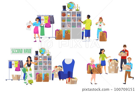 Second hand shop, people buying old clothes and furniture - flat vector illustration isolated on white background. 100709151