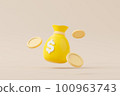 Money bag with icon dollar currency and gold coin stack on background 100963743