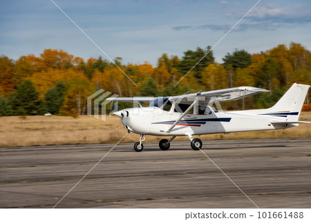 Start of a small plane on the runway 101661488