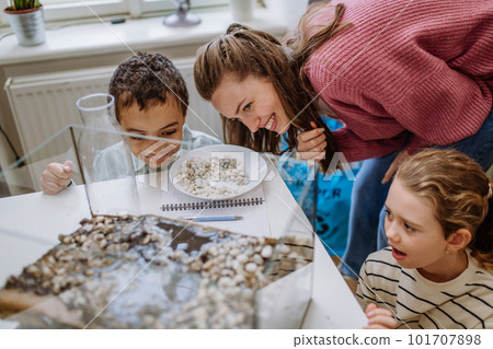 Young teacher making little greenhouse with their pupils, learning them about planting. 101707898