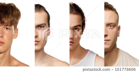 Half-face portrait of four different man of diverse age posing over white studio background. Male models with clear, smooth, spotless skin 101778606