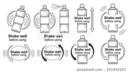 Shake well bottle before using, shaking spray aerosol can arrow, hand mix liquid drink with powder in container line icon set. Fitness shaker. Medical, cosmetic, chemical product package vector sign 101954263