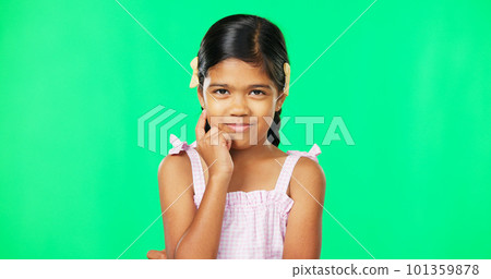 Thinking, green screen and idea by child with a question feeling excited, thoughtful and isolated in studio background. Planning, girl and joyful kid is happy, curious and planning expression 101359878