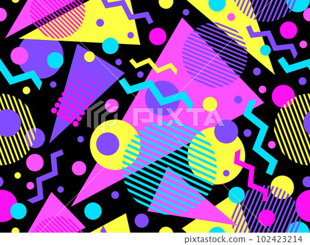 Memphis seamless pattern with geometric shapes in 80s style. Colorful geometric pattern. Design of promotional products, wrapping paper and printing. Vector illustration 102423214