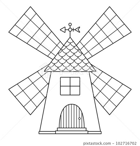 Vector black and white windmill icon isolated on white background. Line wind mill illustration. Cute outline farm house for grinding grain. Rural garden outhouse picture or coloring page 102716702