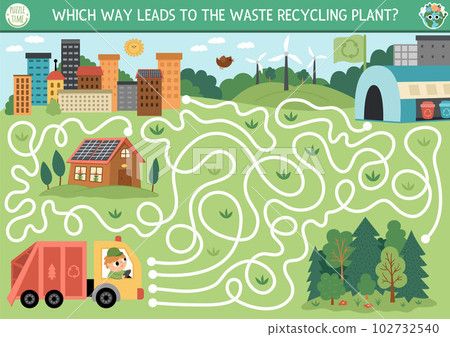 Ecological maze for kids with garbage truck going to waste recycling plant. Earth day preschool activity. Eco awareness or zero waste labyrinth game, puzzle. Nature protection printable worksheet 102732540