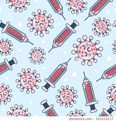 seamless blue pattern medicine vaccination cute sad virus and syringe 102819217