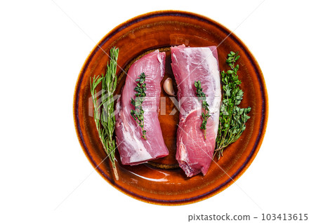 Fresh pork tenderloin meat with rosemary and thyme. Isolated on white background. 103413615