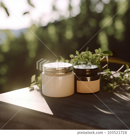 Cosmetic cream jar mockup, skincare product container with tropical green leaves background, front view 103521728