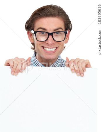 Portrait, happy and man with poster for mockup in studio isolated on a white background. Board, glasses and funny male person, geek or nerd with copy space for advertising, marketing or promotion. 103595656