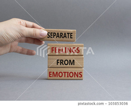 Feelings and Emotions symbol. Concept word Separate Feelings from Emotions on wooden blocks. Beautiful grey background. Doctor hand. Psychology and Feelings and Emotions concept. Copy space 103853036