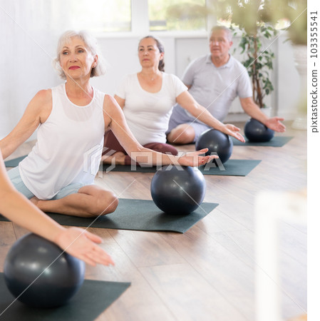 Group of elderly people doing pilates with soft ball in studio 103355541