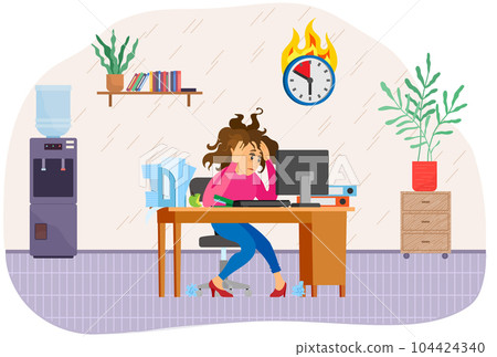 Stressed lady works at computer in office to finish task before deadline. Completing assignments 104424340