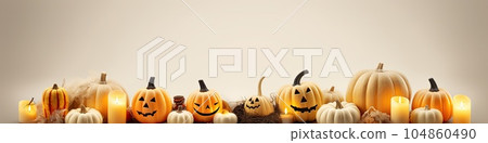 Festive banner minimalistic halloween carved pumpkins and lit candles on white background, blank copy space. Generative AI 104860490