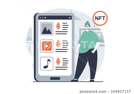 NFT token concept with people scene in flat design for web. Man choosing collectible artworks with unique tokens in virtual gallery. Vector illustration for social media banner, marketing material. 104937137