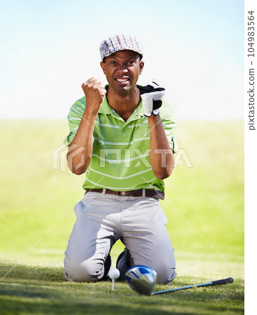 Sports, golf and portrait of black man with anger in game, match and competition on golfing course. Recreation, hobby and upset, angry and mad male athlete on grass for loss, mistake and frustrated 104983564