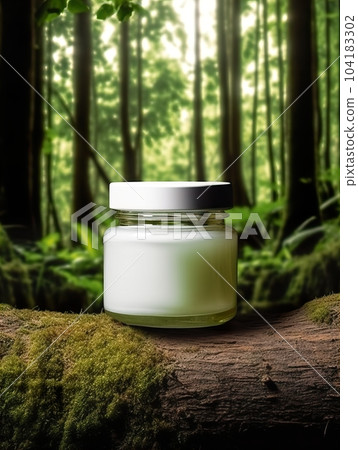 Cosmetic cream jar with lid mockup on green forest background with wooden bark, moss and leaves, beauty product container template 104183302