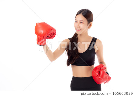 Beautiful young asian woman in sportswear exercise with boxing sport isolated. 105663059