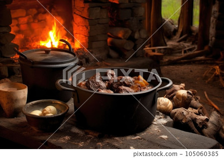 rustic kitchen setting with dutch oven stew, created with generative ai 105060385