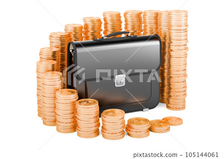 Briefcase with growing chart from gold coins around, 3D rendering 105144061