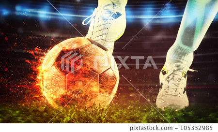 Close up of a soccer scene with player kicking a fiery ball with power 105332985