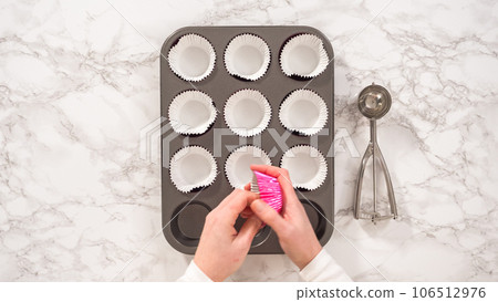 Flat lay. Step by step. Whipping chocolate ganache with an electric kitchen mixer. 106512976