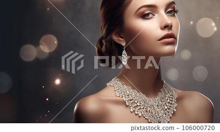 Caucasian model woman wearing luxury jewelry, jewelry and accessories (Generative AI) 106000720