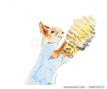 Squirrel with pinecone isolated on a white background, watercolor 106028223