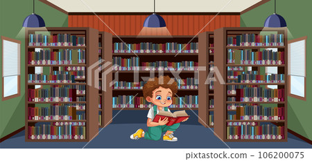 Young Boy Reading in Library 106200075