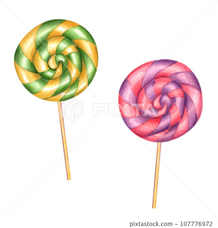 Multicolored spiral lollipops. Ornament of yellow and green stripes, pink and purple stripes. Bonbons with striped swirls, sugar caramel on stick. Watercolor illustration for stationery, candy shop 107776972