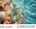 Transparent bottle of perfume with starfish and sea shells on blue water texture. AI generated 108605049