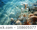 Transparent bottle of perfume with starfish and sea shells on blue water texture. AI generated 108605077