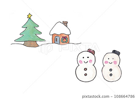 Illustration set of a tree, house, and brown and gray snowman drawn with water-based pens and transparent watercolors 108664786