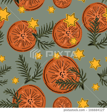 Christmas orange stars pine seamless pattern 108884127